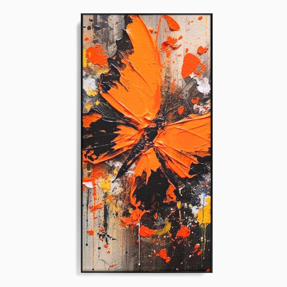 Tablou canvas cu tablou canvas cu fluture portocaliu pe fundal antracit, in rama de aluminiu negru